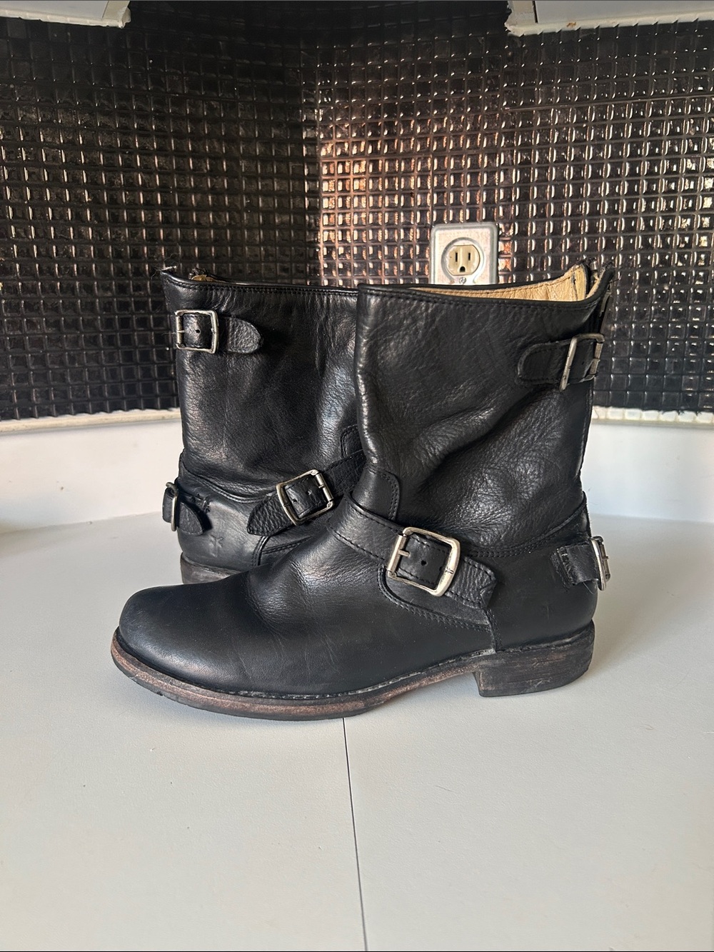FRYE Women’s Black Leather Buckle Mid-Calf Boots